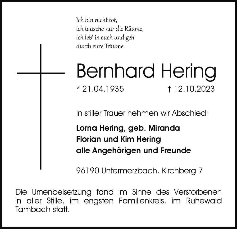  Traueranzeige für Bernhard Hering vom 28.10.2023 aus MGO