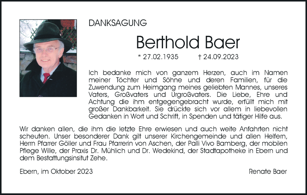  Traueranzeige für Berthold Baer vom 14.10.2023 aus MGO