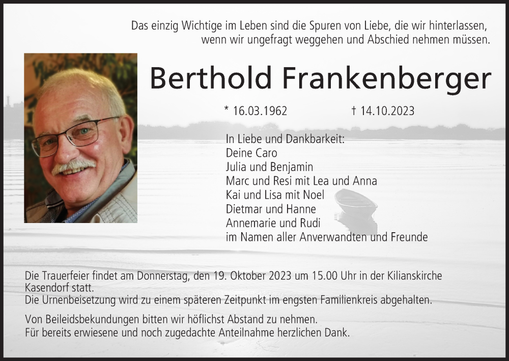  Traueranzeige für Berthold Frankenberger vom 17.10.2023 aus MGO