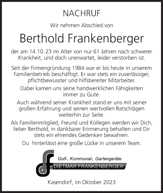 Anzeige von Berthold Frankenberger von MGO