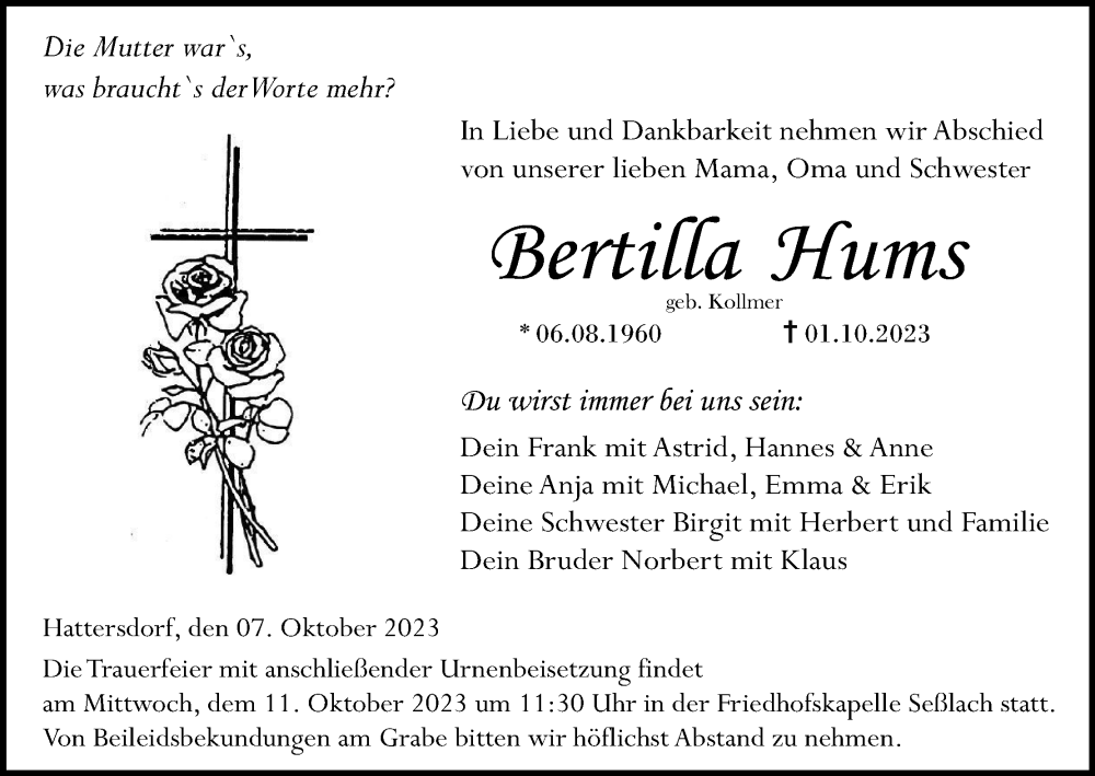 Traueranzeige für Bertilla Hums vom 07.10.2023 aus MGO