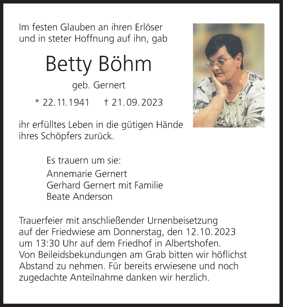  Traueranzeige für Betty Böhm vom 07.10.2023 aus MGO