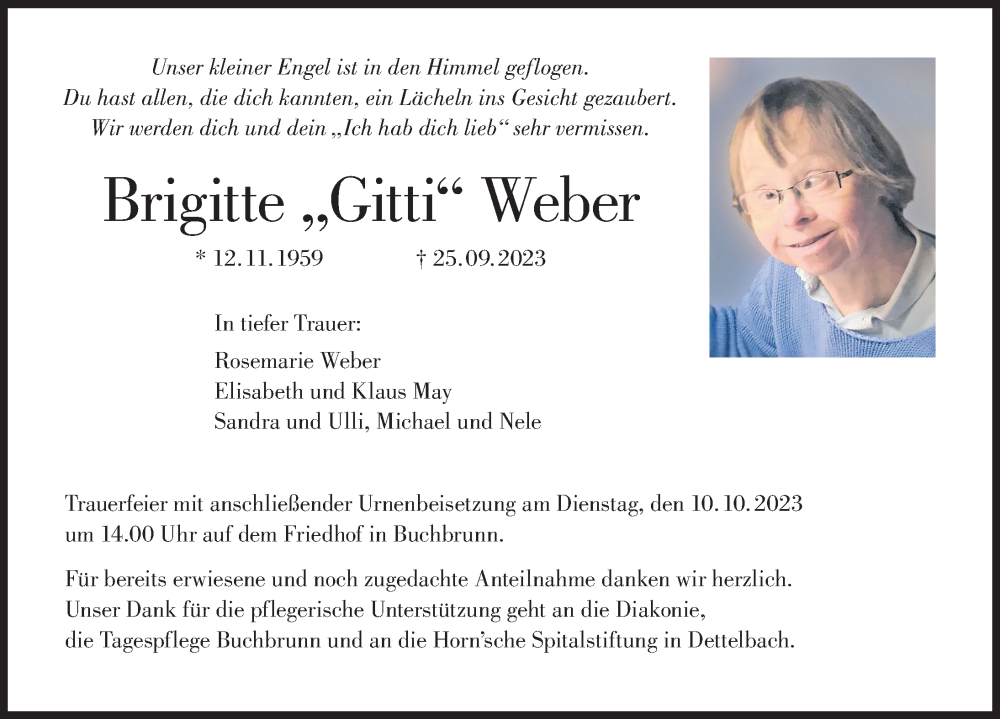  Traueranzeige für Brigitte Weber vom 07.10.2023 aus MGO