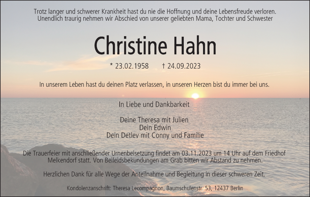  Traueranzeige für Christine Hahn vom 28.10.2023 aus MGO