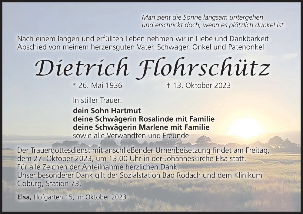  Traueranzeige für Dietrich Flohrschütz vom 21.10.2023 aus MGO