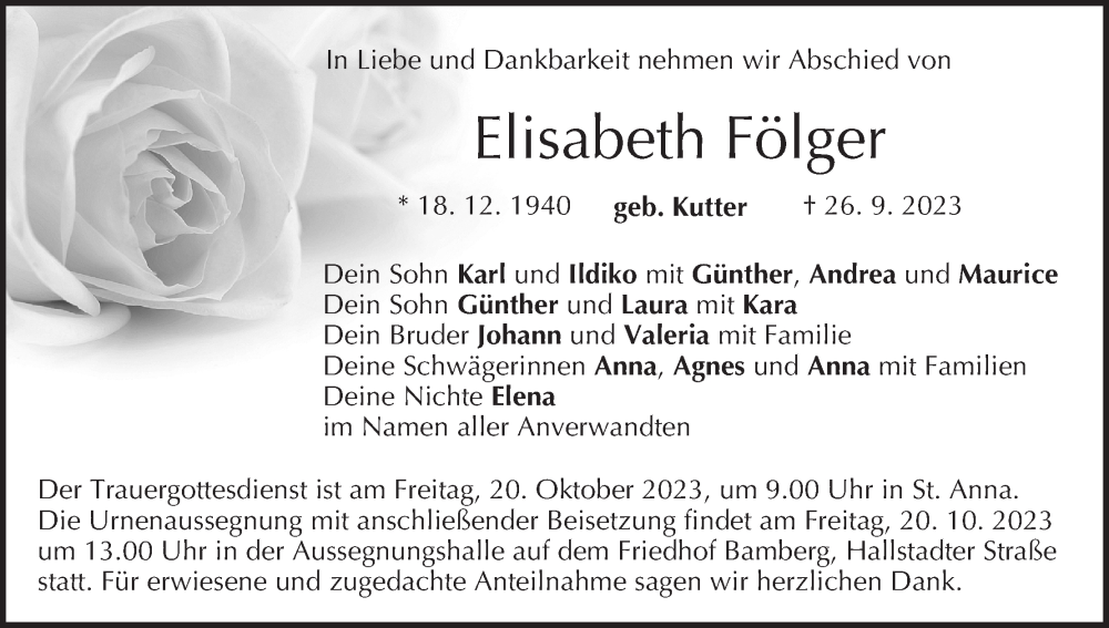  Traueranzeige für Elisabeth Fölger vom 14.10.2023 aus MGO