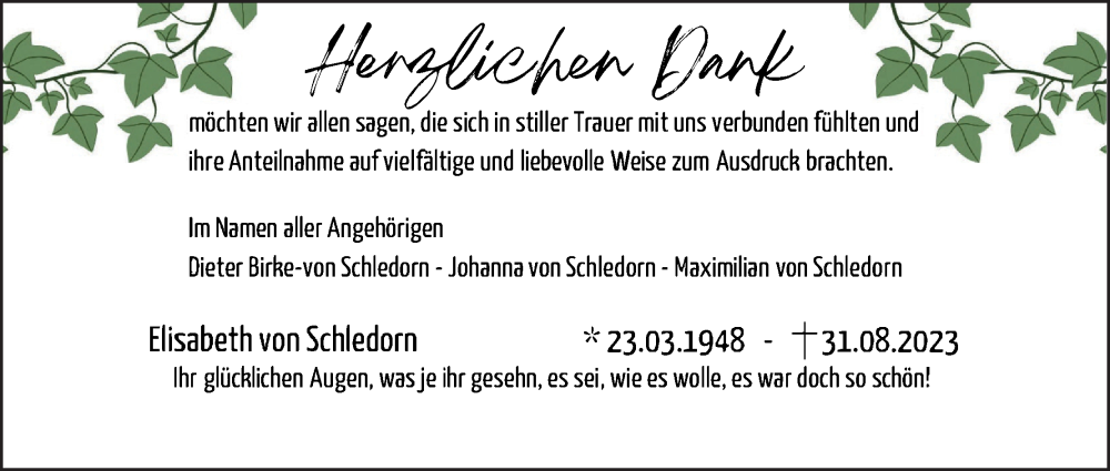  Traueranzeige für Elisabeth von Schledorn vom 28.10.2023 aus MGO