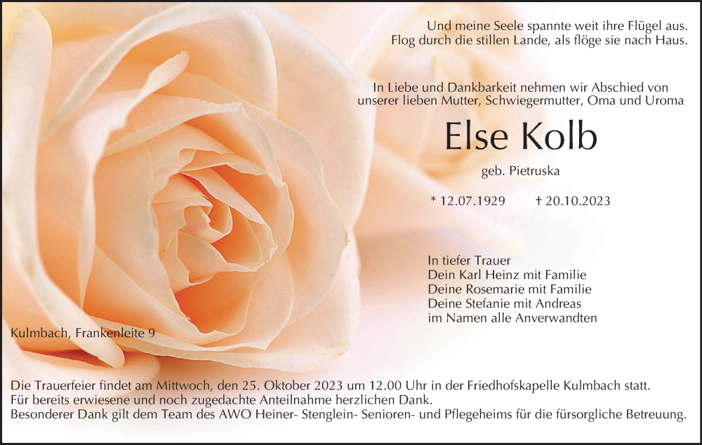  Traueranzeige für Else Kolb vom 24.10.2023 aus MGO