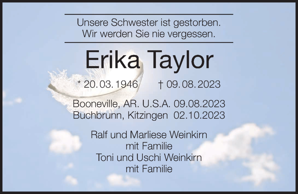  Traueranzeige für Erika Taylor vom 04.10.2023 aus MGO