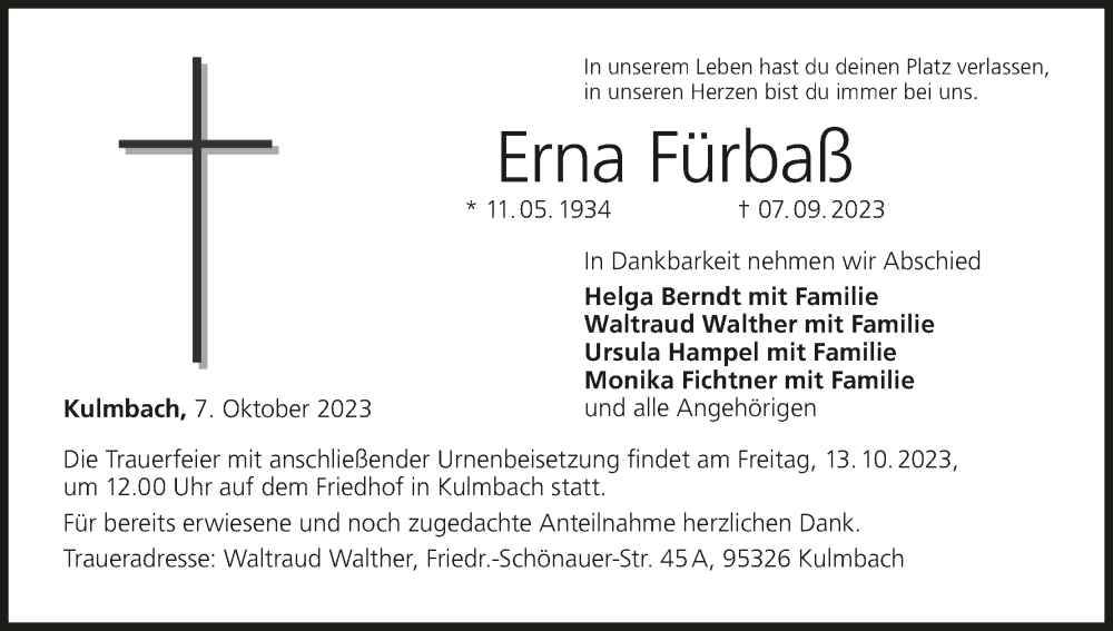  Traueranzeige für Erna Fürbaß vom 07.10.2023 aus MGO
