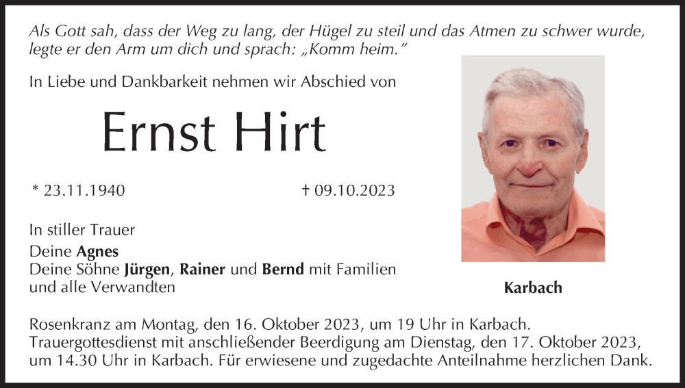  Traueranzeige für Ernst Hirt vom 14.10.2023 aus MGO