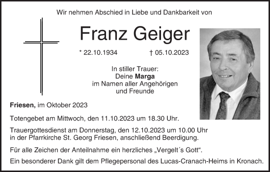 Anzeige von Franz Geiger von MGO
