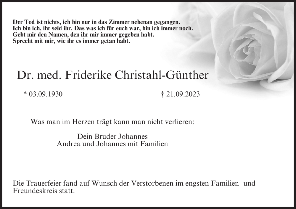  Traueranzeige für Friderike Christahl-Günther vom 07.10.2023 aus MGO