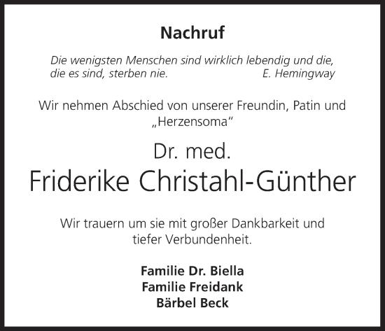 Anzeige von Friderike Christahl-Günther von MGO
