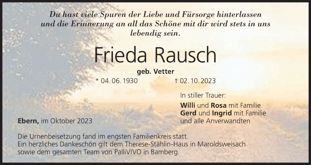  Traueranzeige für Frieda Rausch vom 14.10.2023 aus MGO