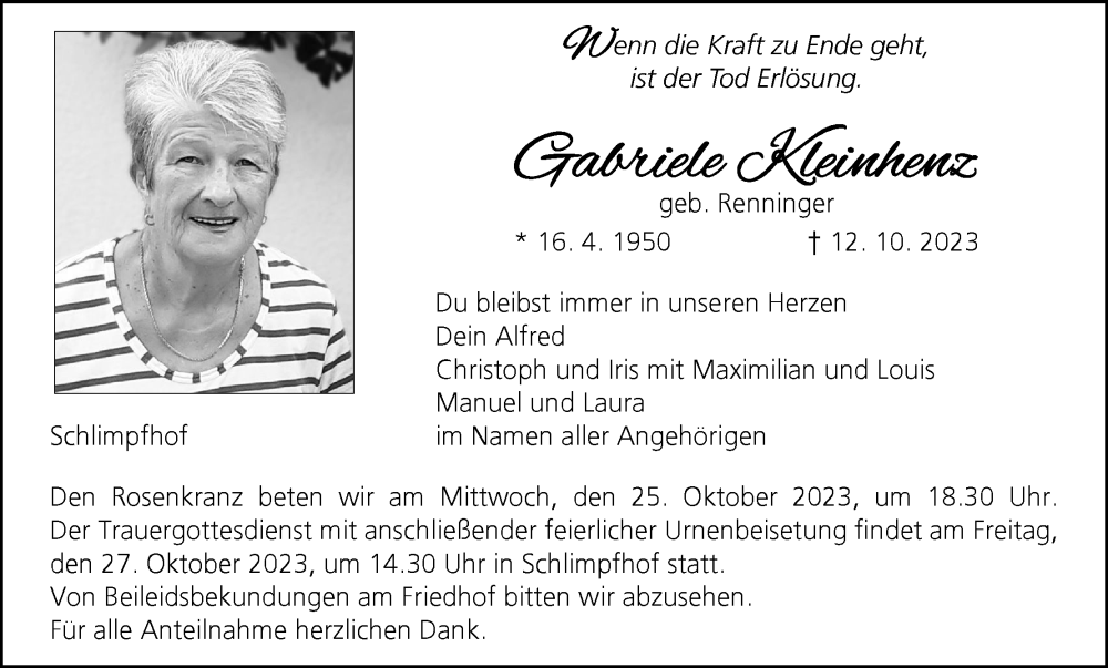  Traueranzeige für Gabriele Kleinhenz vom 21.10.2023 aus MGO