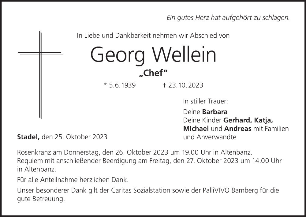  Traueranzeige für Georg Wellein vom 25.10.2023 aus MGO