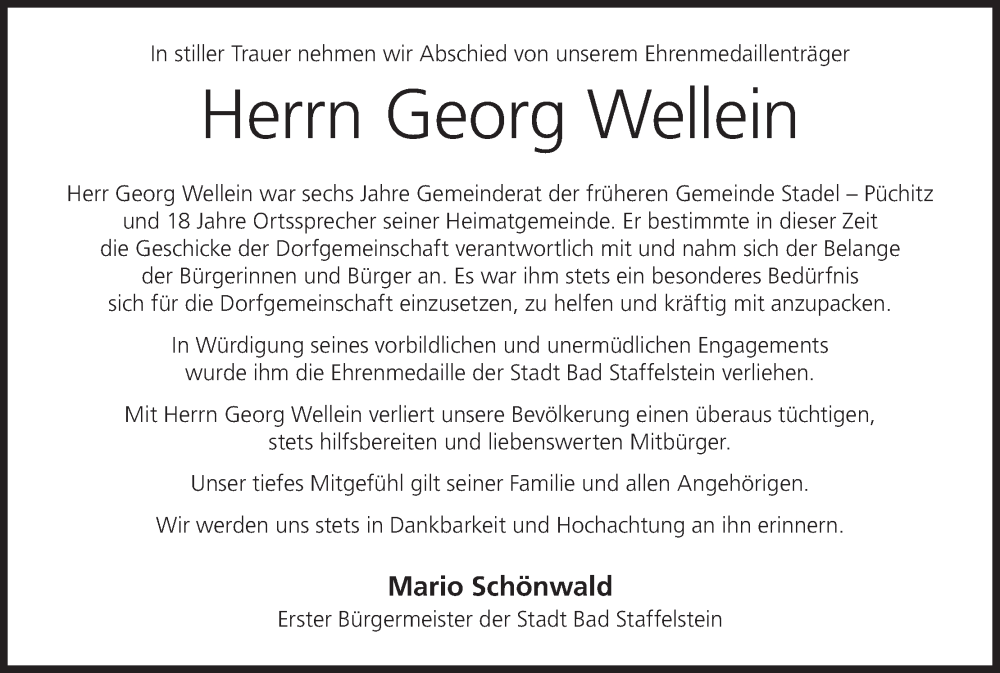  Traueranzeige für Georg Wellein vom 26.10.2023 aus MGO