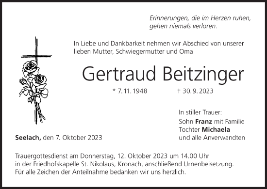 Anzeige von Gertraud Beitzinger von MGO