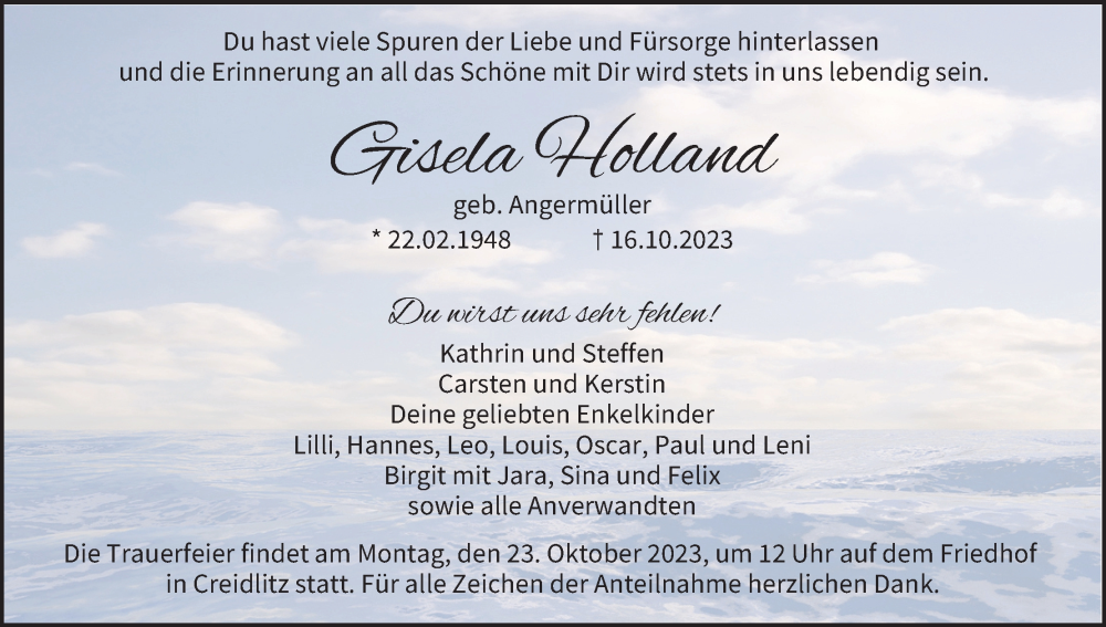  Traueranzeige für Gisela Holland vom 20.10.2023 aus MGO