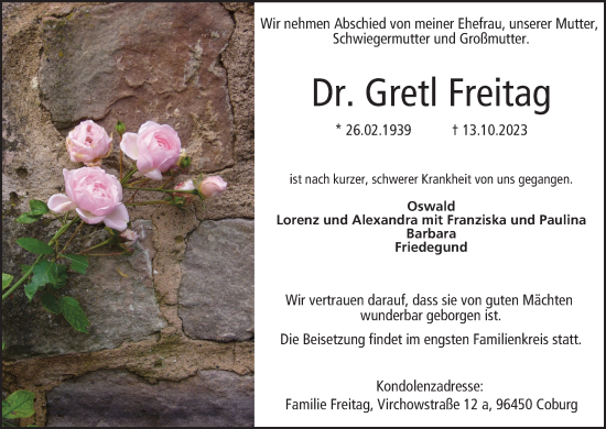 Anzeige von Gretl Freitag von MGO
