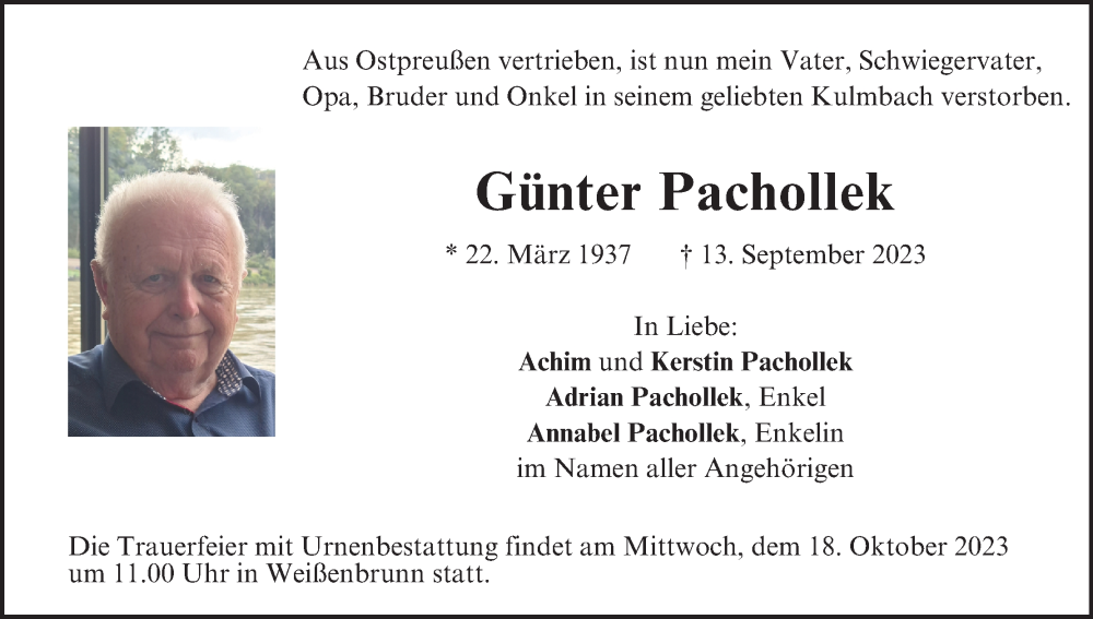  Traueranzeige für Günter Pachollek vom 14.10.2023 aus MGO