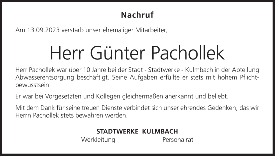 Anzeige von Günter Pachollek von MGO