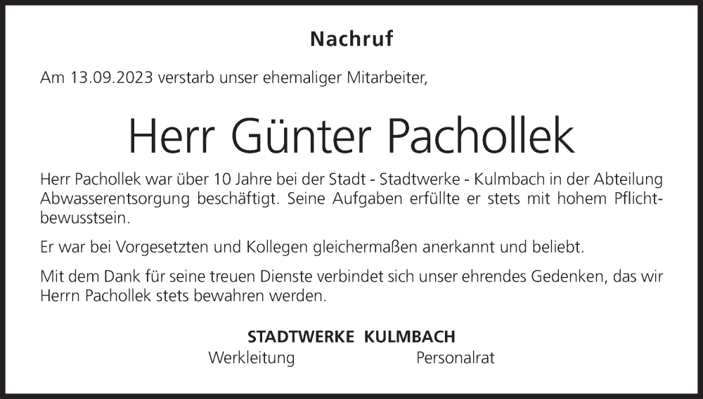  Traueranzeige für Günter Pachollek vom 18.10.2023 aus MGO
