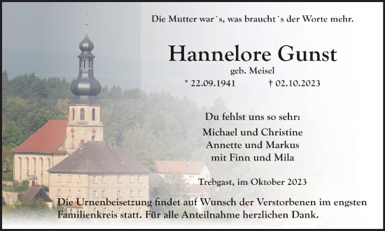 Anzeige von Hannelore Gunst von MGO