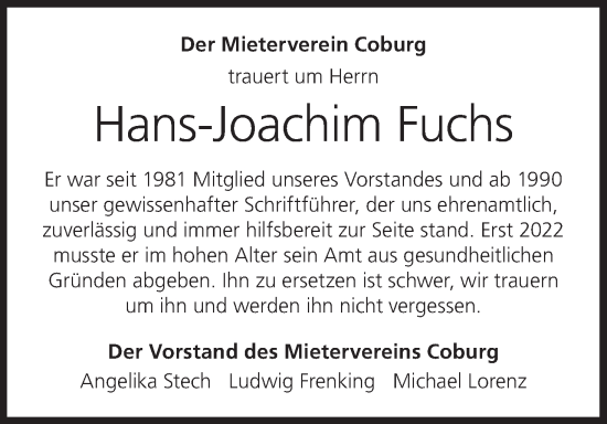 Anzeige von Hans-Joachim Fuchs von MGO