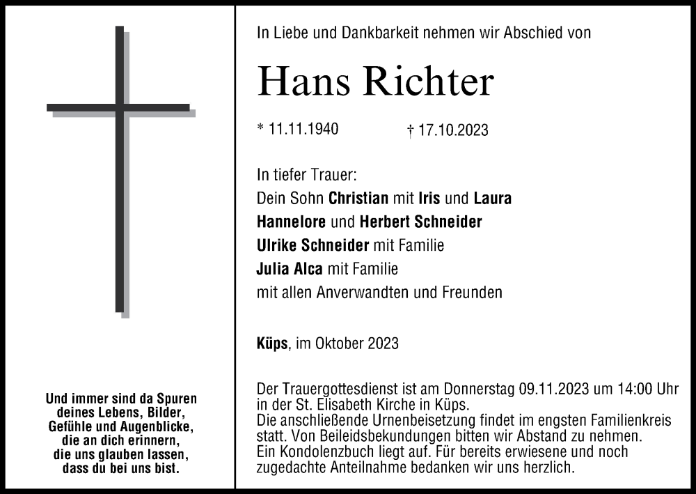  Traueranzeige für Hans Richter vom 28.10.2023 aus MGO