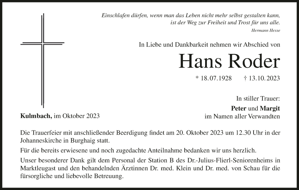  Traueranzeige für Hans Roder vom 18.10.2023 aus MGO