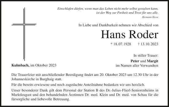 Anzeige von Hans Roder von MGO