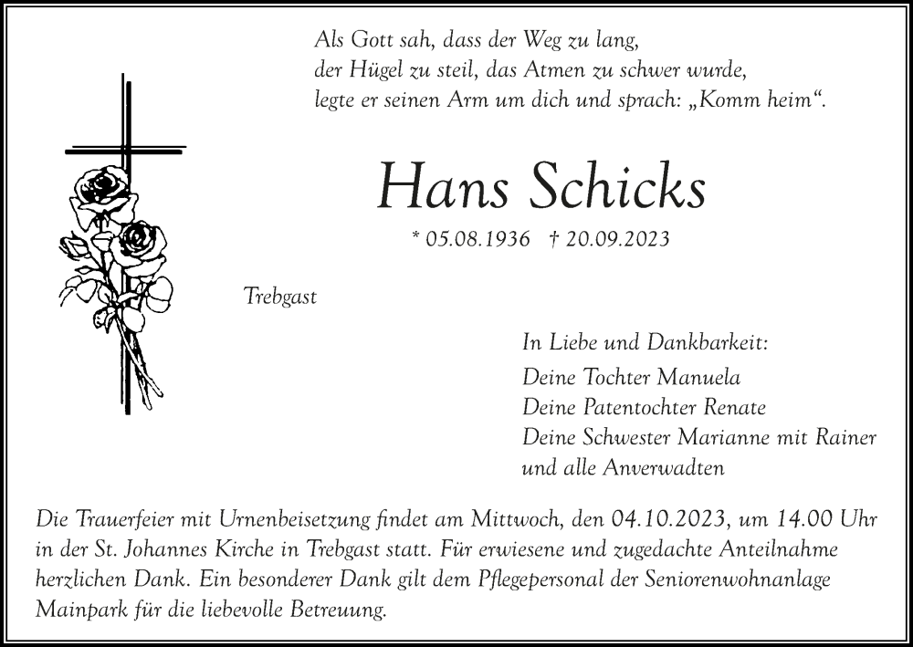  Traueranzeige für Hans Schicks vom 02.10.2023 aus MGO