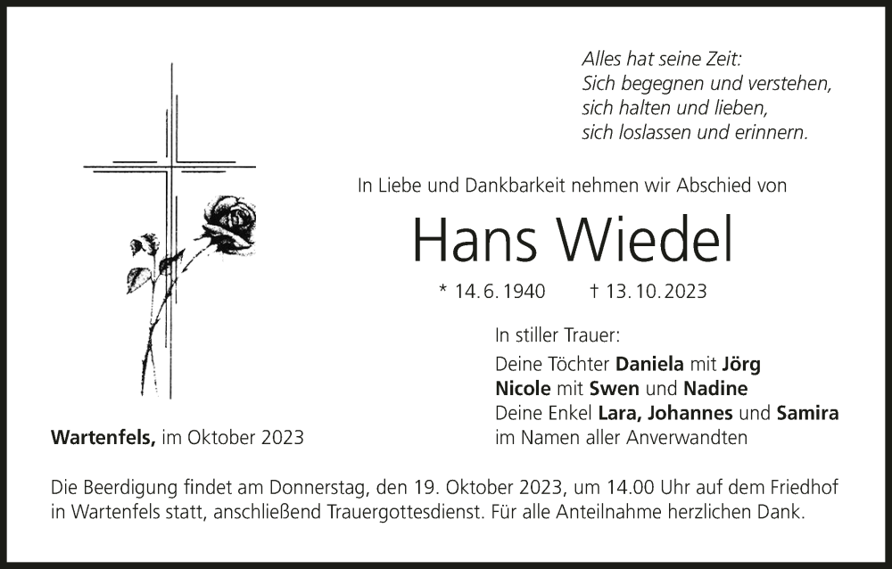  Traueranzeige für Hans Wiedel vom 17.10.2023 aus MGO