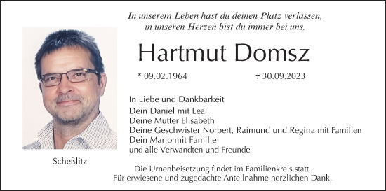 Anzeige von Hartmut Domsz von MGO