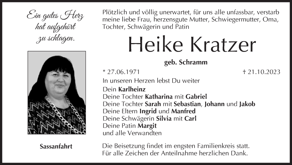  Traueranzeige für Heike Kratzer vom 28.10.2023 aus MGO