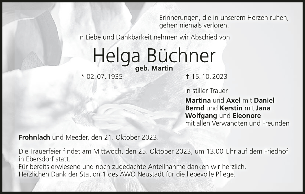  Traueranzeige für Helga Büchner vom 21.10.2023 aus MGO
