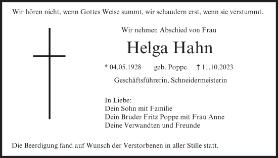 Anzeige von Helga Hahn von MGO