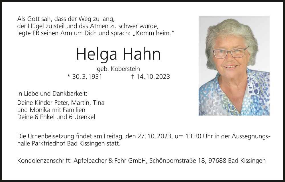  Traueranzeige für Helga Hahn vom 21.10.2023 aus MGO