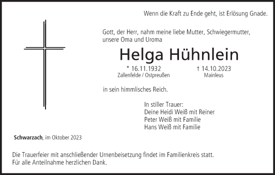 Anzeige von Helga Hühnlein von MGO