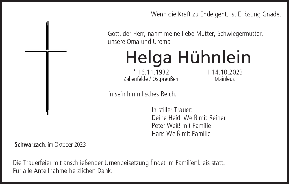  Traueranzeige für Helga Hühnlein vom 21.10.2023 aus MGO
