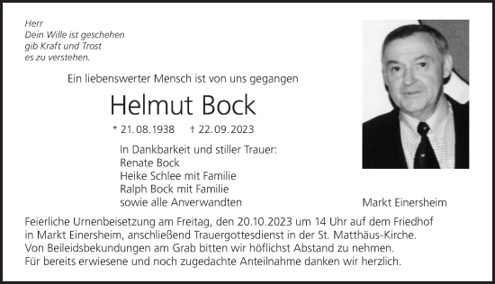 Anzeige von Helmut Bock von MGO