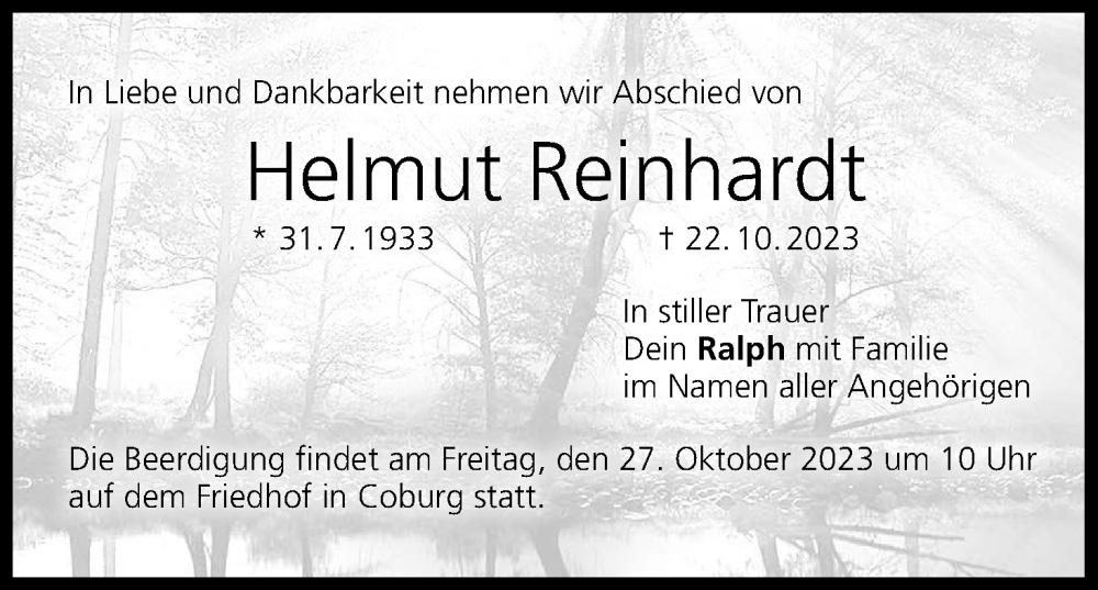  Traueranzeige für Helmut Reinhardt vom 25.10.2023 aus MGO