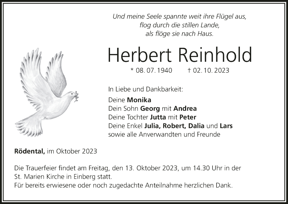  Traueranzeige für Herbert Reinhold vom 07.10.2023 aus MGO