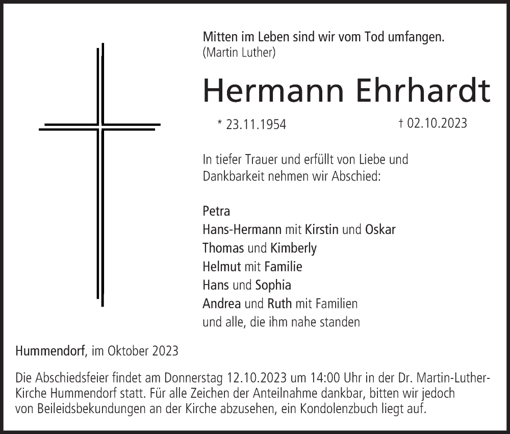 Traueranzeige für Hermann Ehrhardt vom 07.10.2023 aus MGO