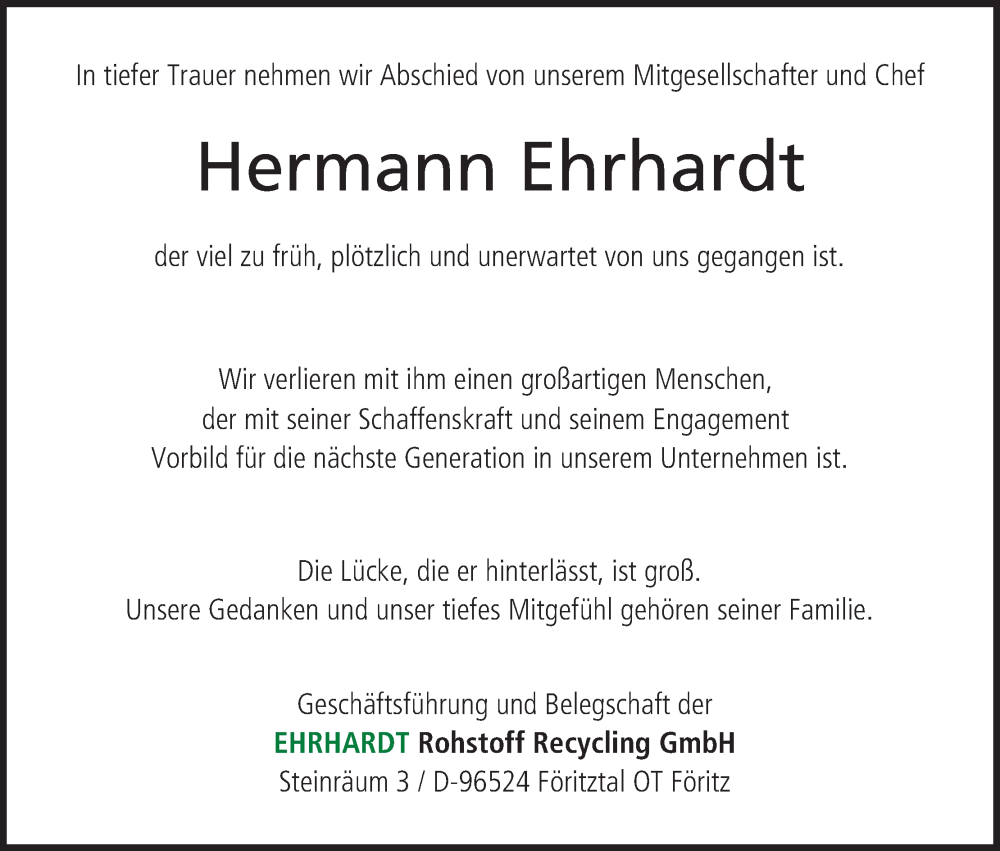  Traueranzeige für Hermann Ehrhardt vom 07.10.2023 aus MGO