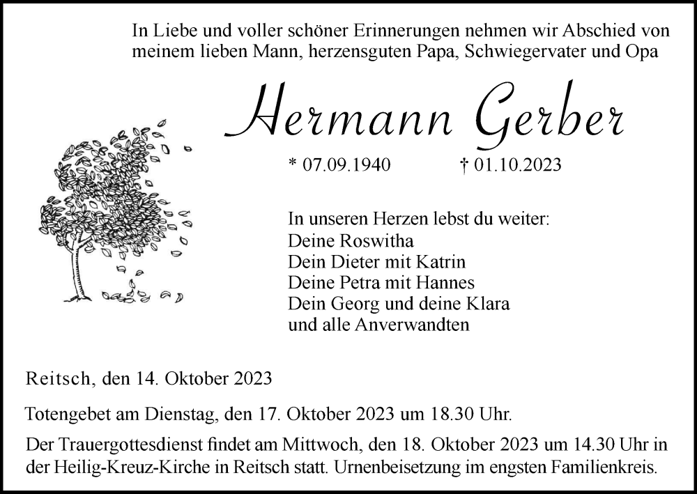  Traueranzeige für Hermann Gerber vom 14.10.2023 aus MGO
