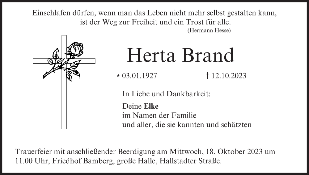  Traueranzeige für Herta Brand vom 14.10.2023 aus MGO