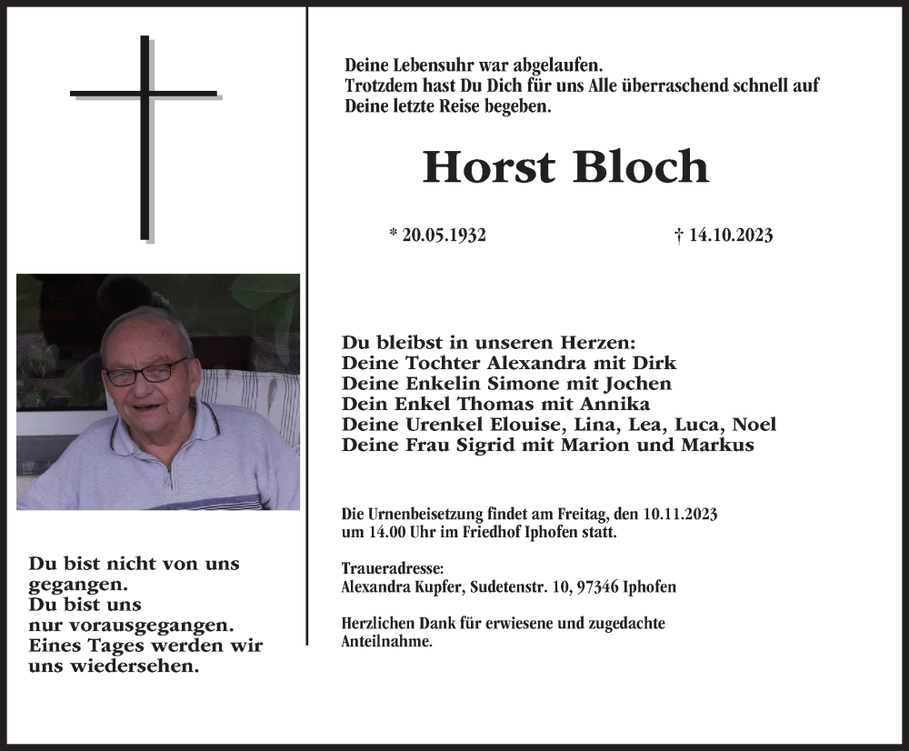  Traueranzeige für Horst Bloch vom 28.10.2023 aus MGO